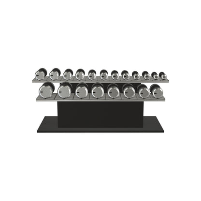 Luxury gym equipment, 10 pair of dumbbells on horizontal wooden stand, made with stainless steel, Italian grey leather and black ash wood.