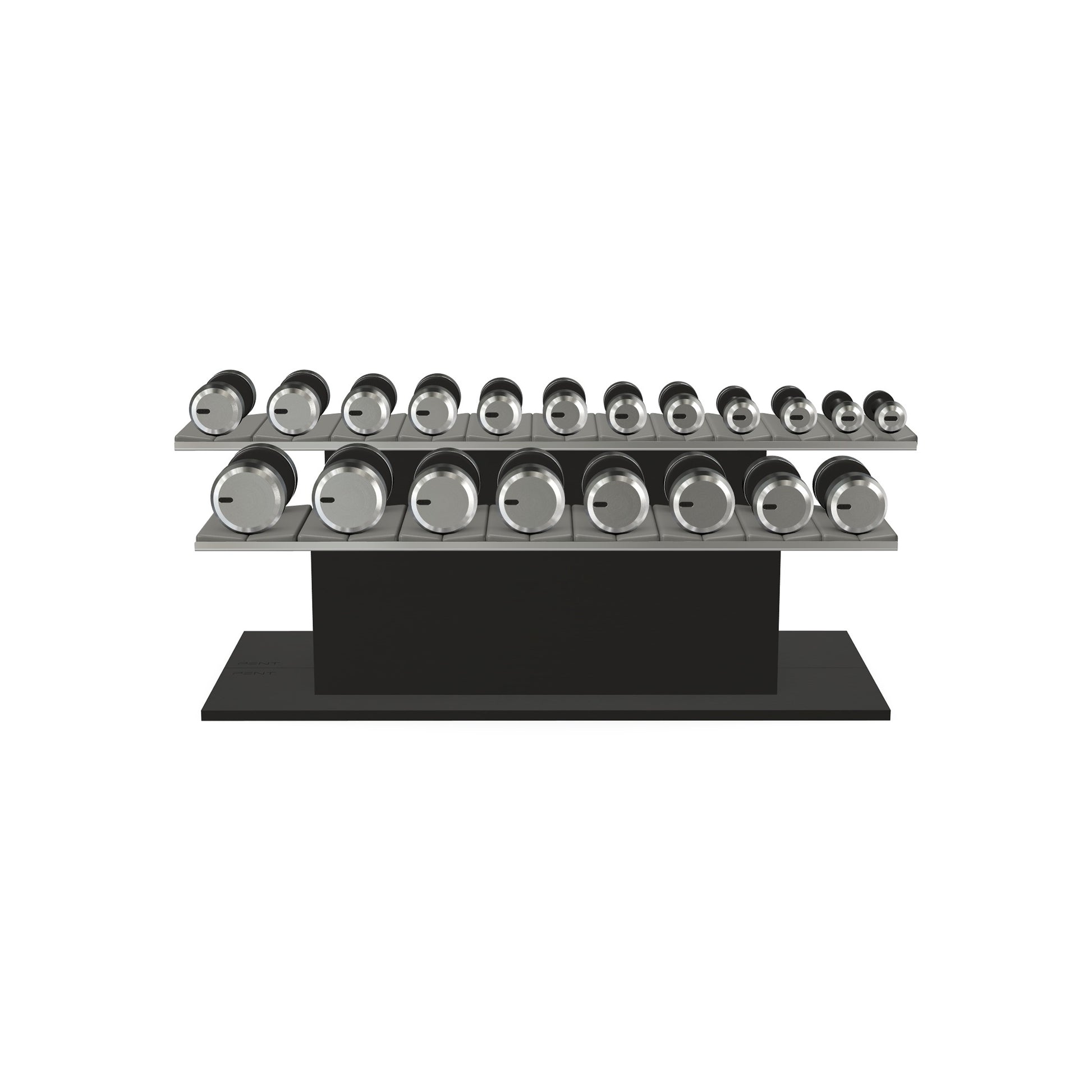 Luxury gym equipment, 10 pair of dumbbells on horizontal wooden stand, made with stainless steel, Italian grey leather and black ash wood.