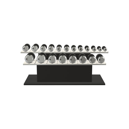 Luxury gym equipment, 10 pair of dumbbells on horizontal wooden stand, made with stainless steel, Italian white leather and black ash wood.