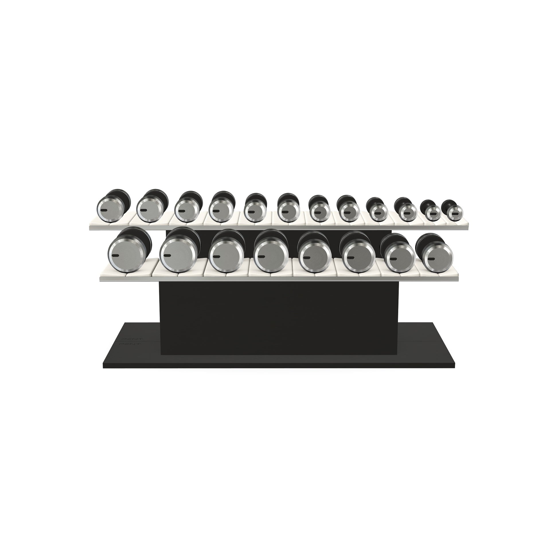 Luxury gym equipment, 10 pair of dumbbells on horizontal wooden stand, made with stainless steel, Italian white leather and black ash wood.