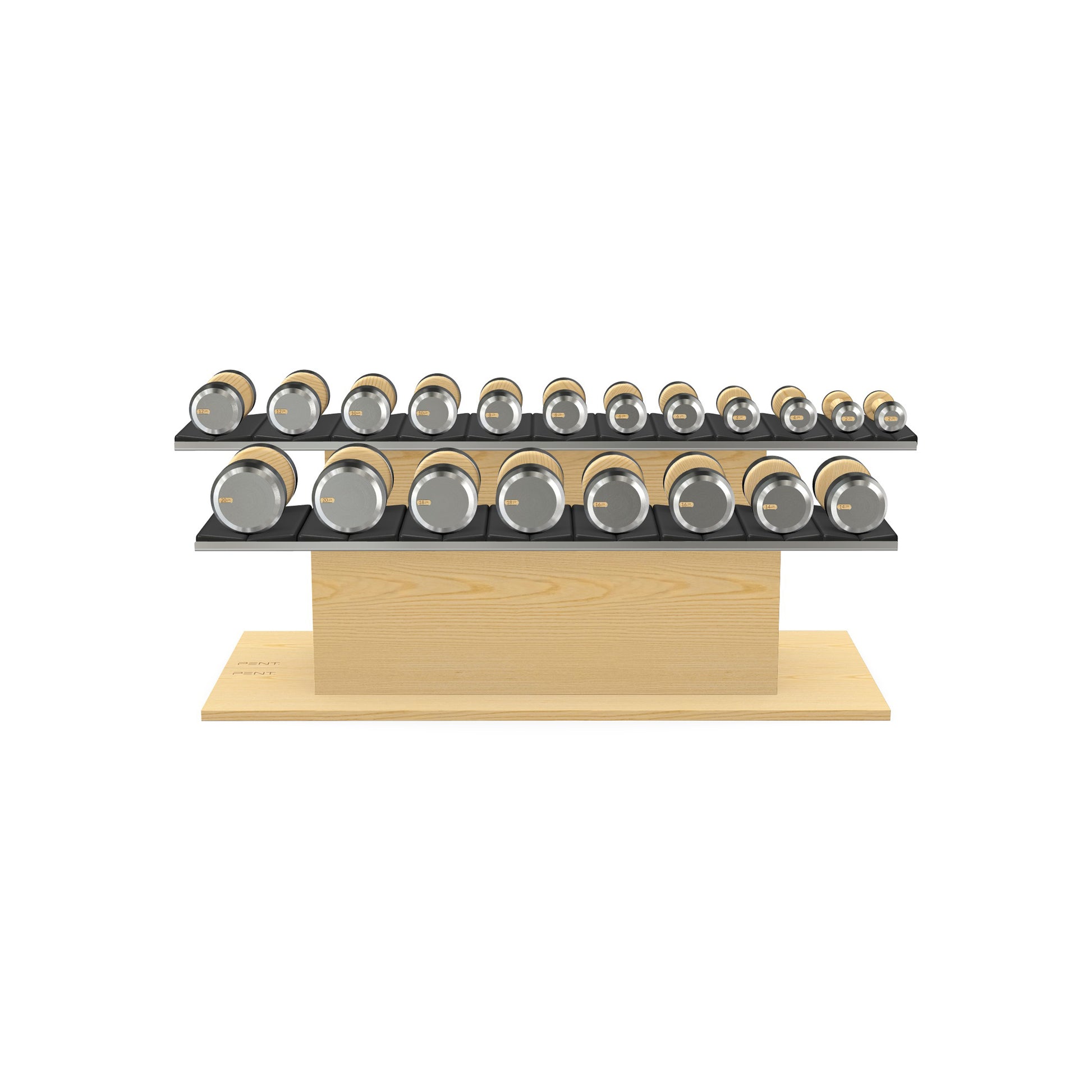 Luxury gym equipment, 10 pair of dumbbells on horizontal wooden stand, made with stainless steel, Italian black leather and natural ash wood.