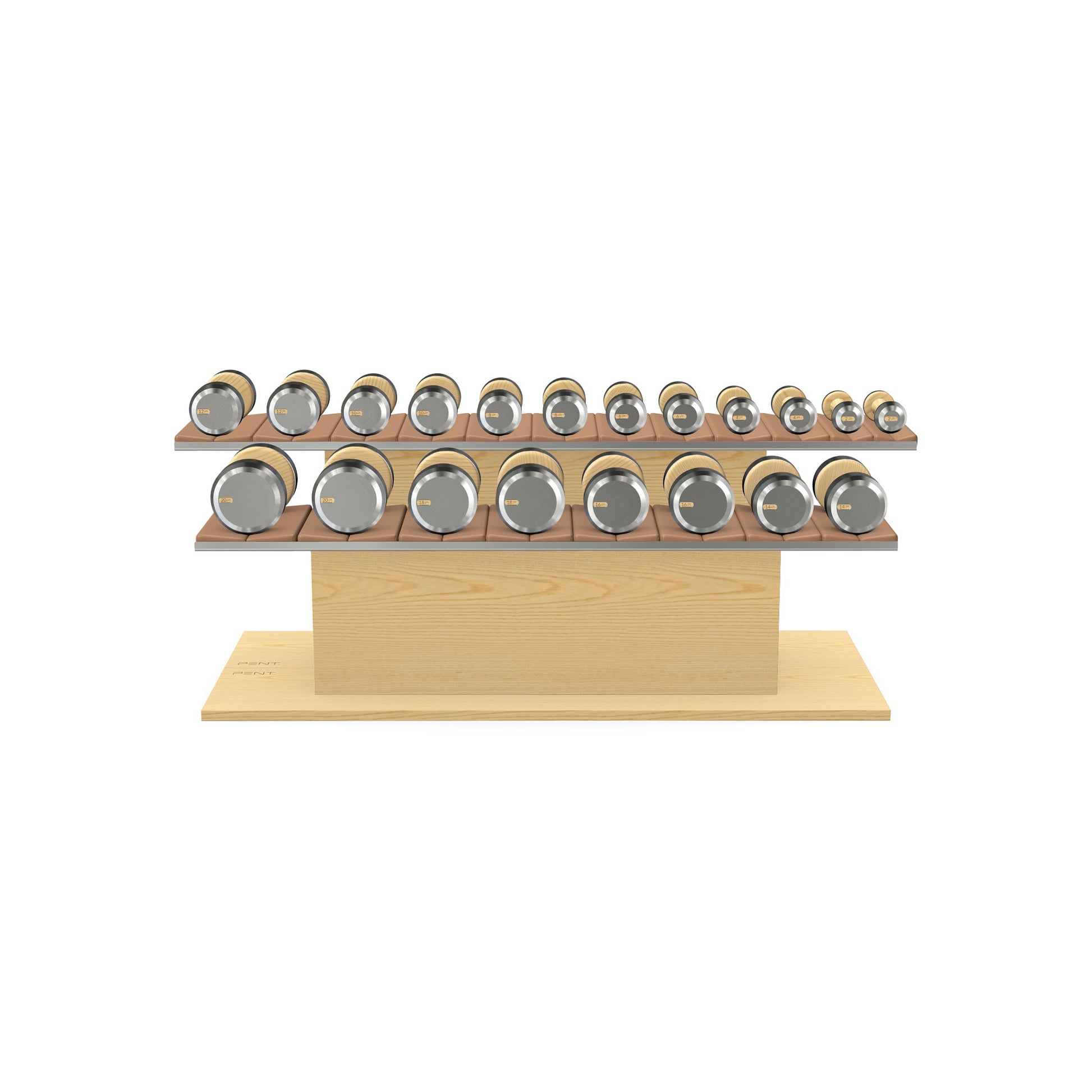 Luxury gym equipment, 10 pair of dumbbells on horizontal wooden stand, made with stainless steel, Italian brown leather and natural ash wood.