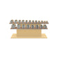 Luxury gym equipment, 10 pair of dumbbells on horizontal wooden stand, made with stainless steel, Italian brown leather and natural ash wood.