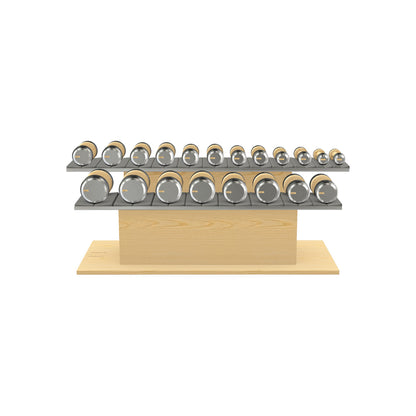 Luxury gym equipment, 10 pair of dumbbells on horizontal wooden stand, made with stainless steel, Italian grey leather and natural ash wood.