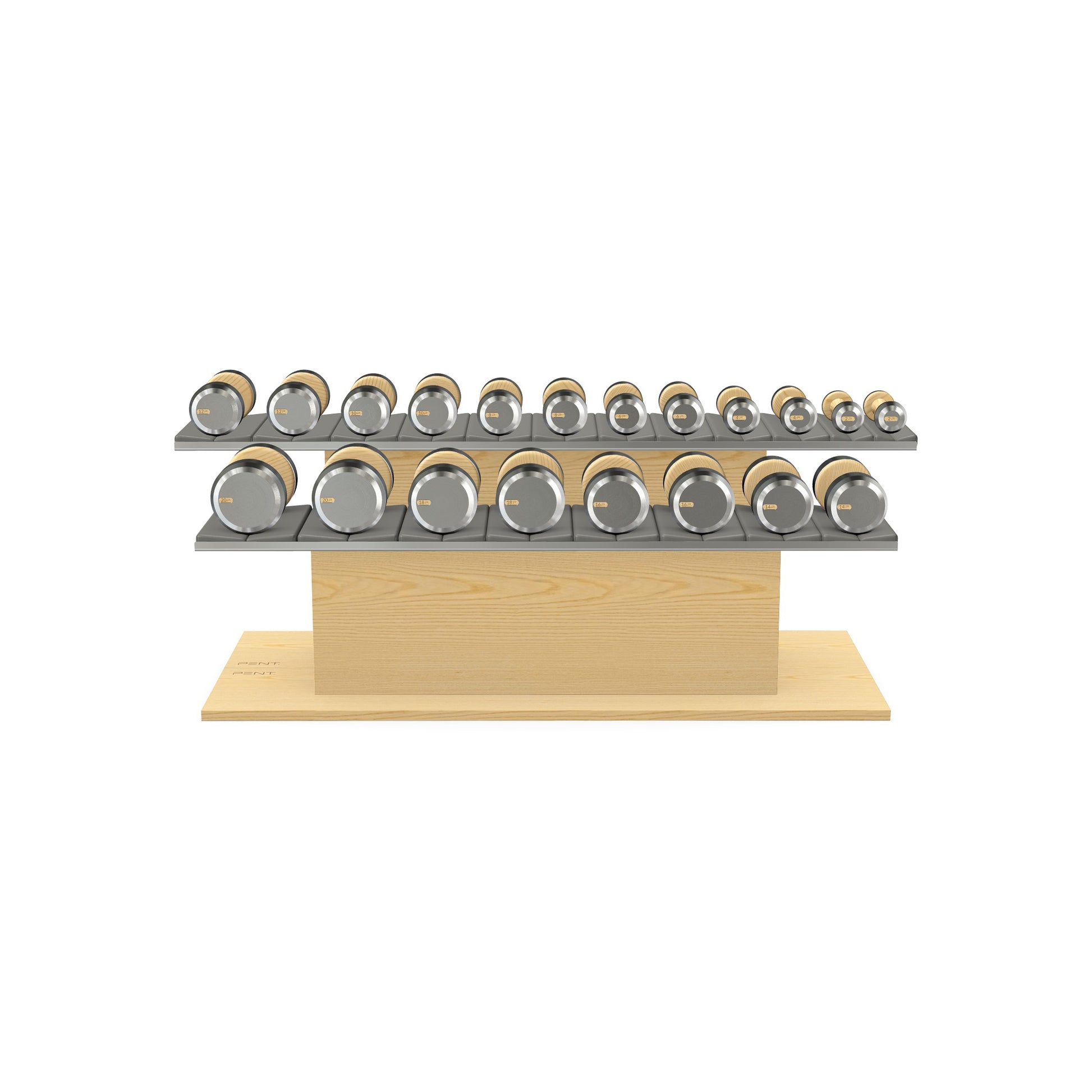 Luxury gym equipment, 10 pair of dumbbells on horizontal wooden stand, made with stainless steel, Italian grey leather and natural ash wood.