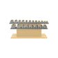 Luxury gym equipment, 10 pair of dumbbells on horizontal wooden stand, made with stainless steel, Italian grey leather and natural ash wood.