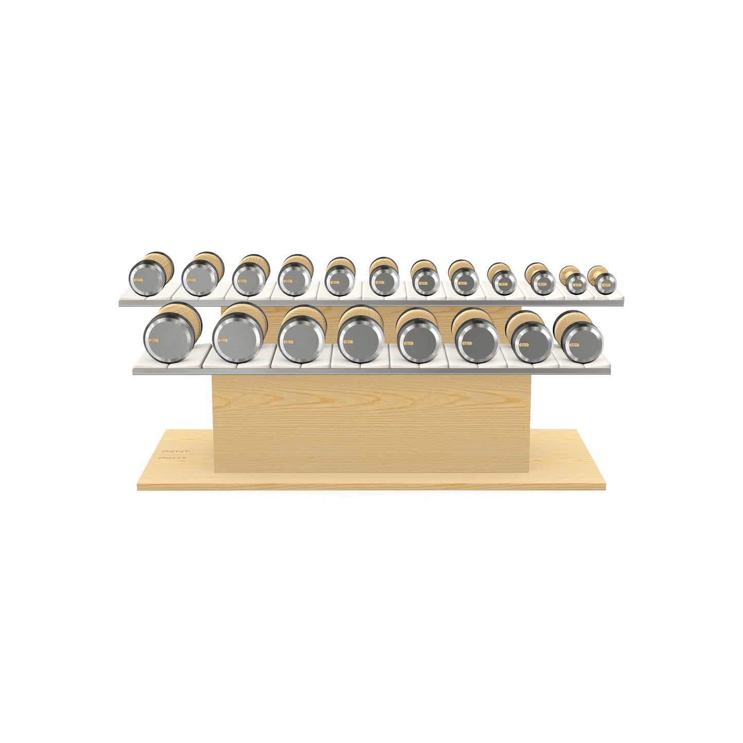 Luxury gym equipment, 10 pair of dumbbells on horizontal wooden stand, made with stainless steel, Italian white leather and natural ash wood.