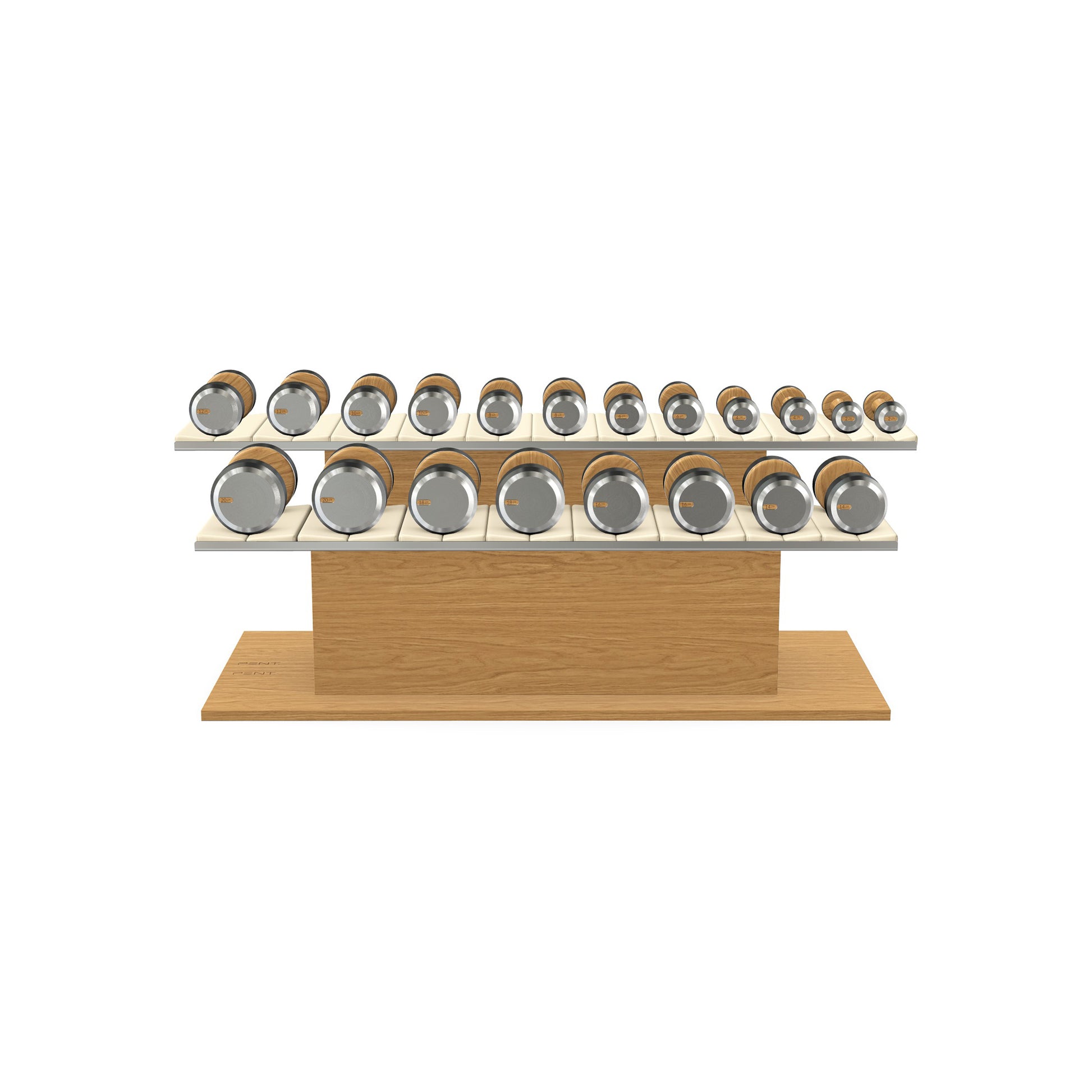 Luxury gym equipment, 10 pair of dumbbells on horizontal wooden stand, made with stainless steel, Italian beige leather and oak wood.