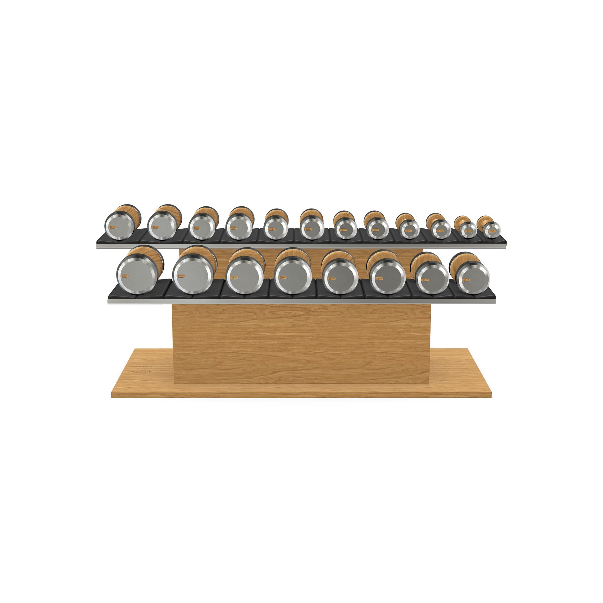 Luxury gym equipment, 10 pair of dumbbells on horizontal wooden stand, made with stainless steel, Italian black leather and oak wood.