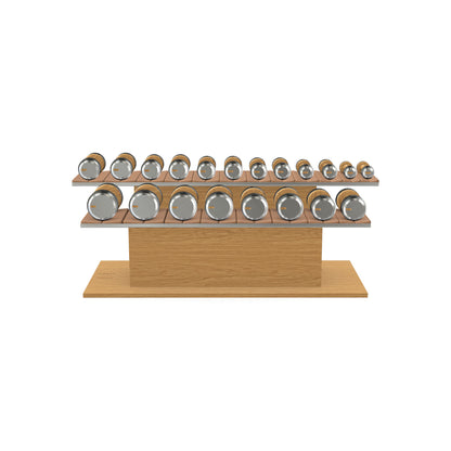 Luxury gym equipment, 10 pair of dumbbells on horizontal wooden stand, made with stainless steel, Italian brown leather and oak wood.