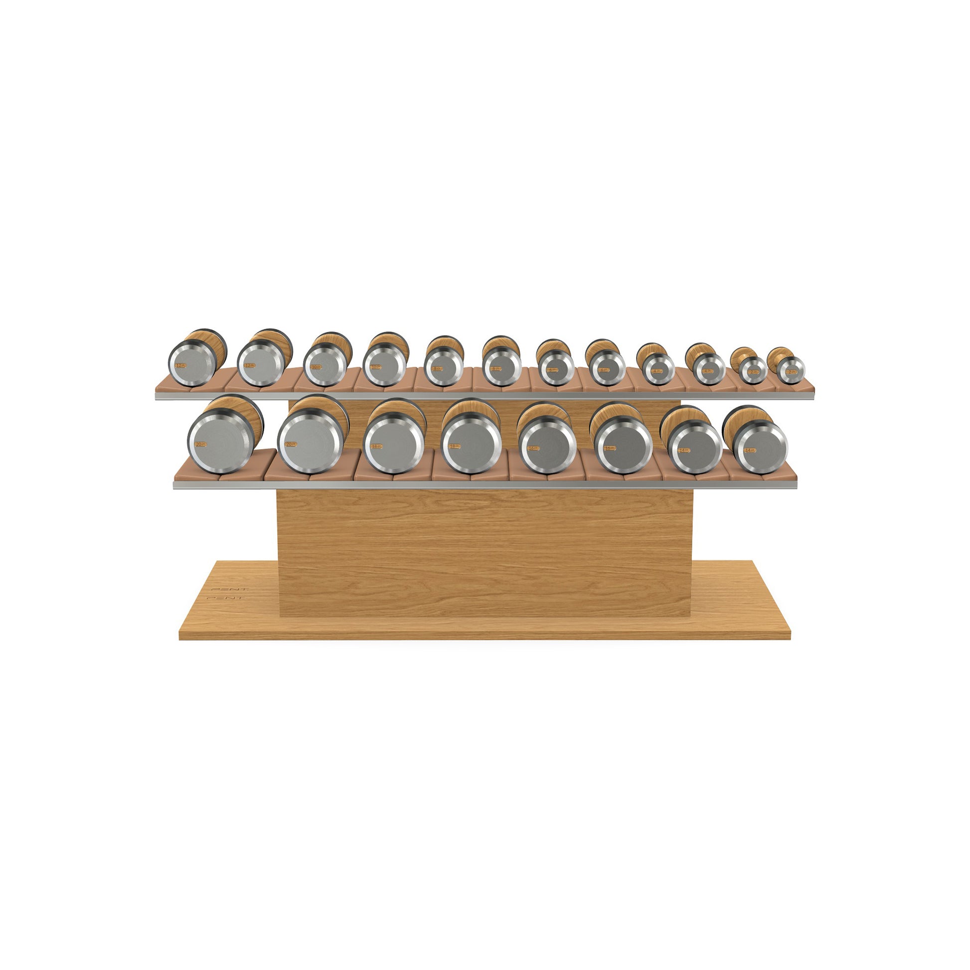 Luxury gym equipment, 10 pair of dumbbells on horizontal wooden stand, made with stainless steel, Italian brown leather and oak wood.