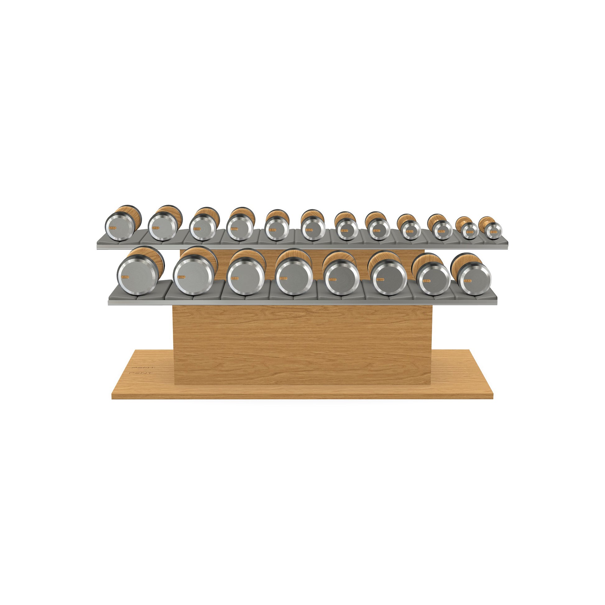 Luxury gym equipment, 10 pair of dumbbells on horizontal wooden stand, made with stainless steel, Italian grey leather and oak wood.