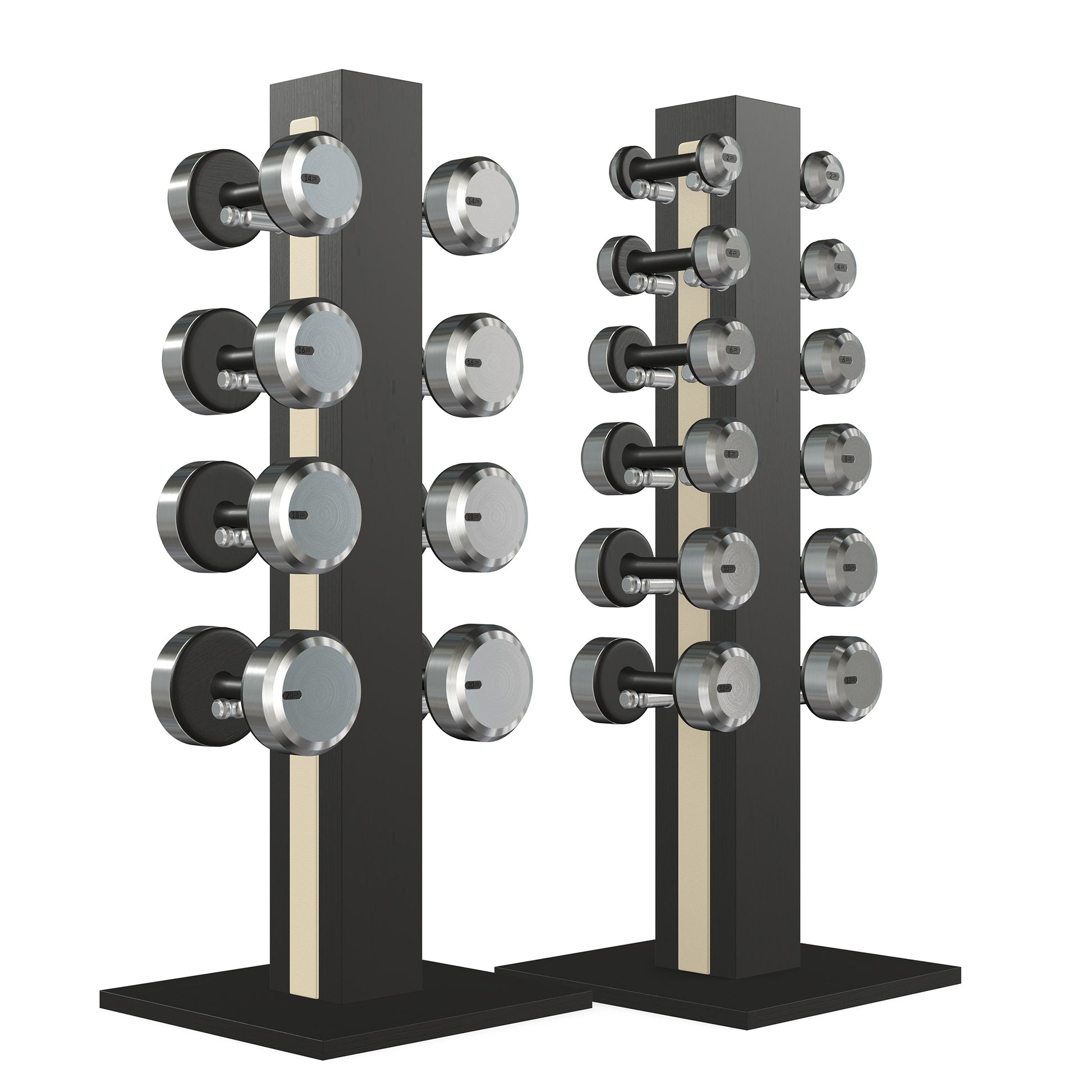 Luxury gym equipment, 10 pair of dumbbells on 2 vertical wooden stand, made with stainless steel, Italian beige leather and black ash wood.