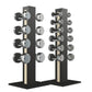 Luxury gym equipment, 10 pair of dumbbells on 2 vertical wooden stand, made with stainless steel, Italian beige leather and black ash wood.