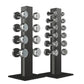 Luxury gym equipment, 10 pair of dumbbells on 2 vertical wooden stand, made with stainless steel, Italian grey leather and black ash wood.