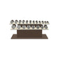Luxury gym equipment, 10 pair of dumbbells on horizontal wooden stand, made with stainless steel, Italian beige leather and dark walnut wood.