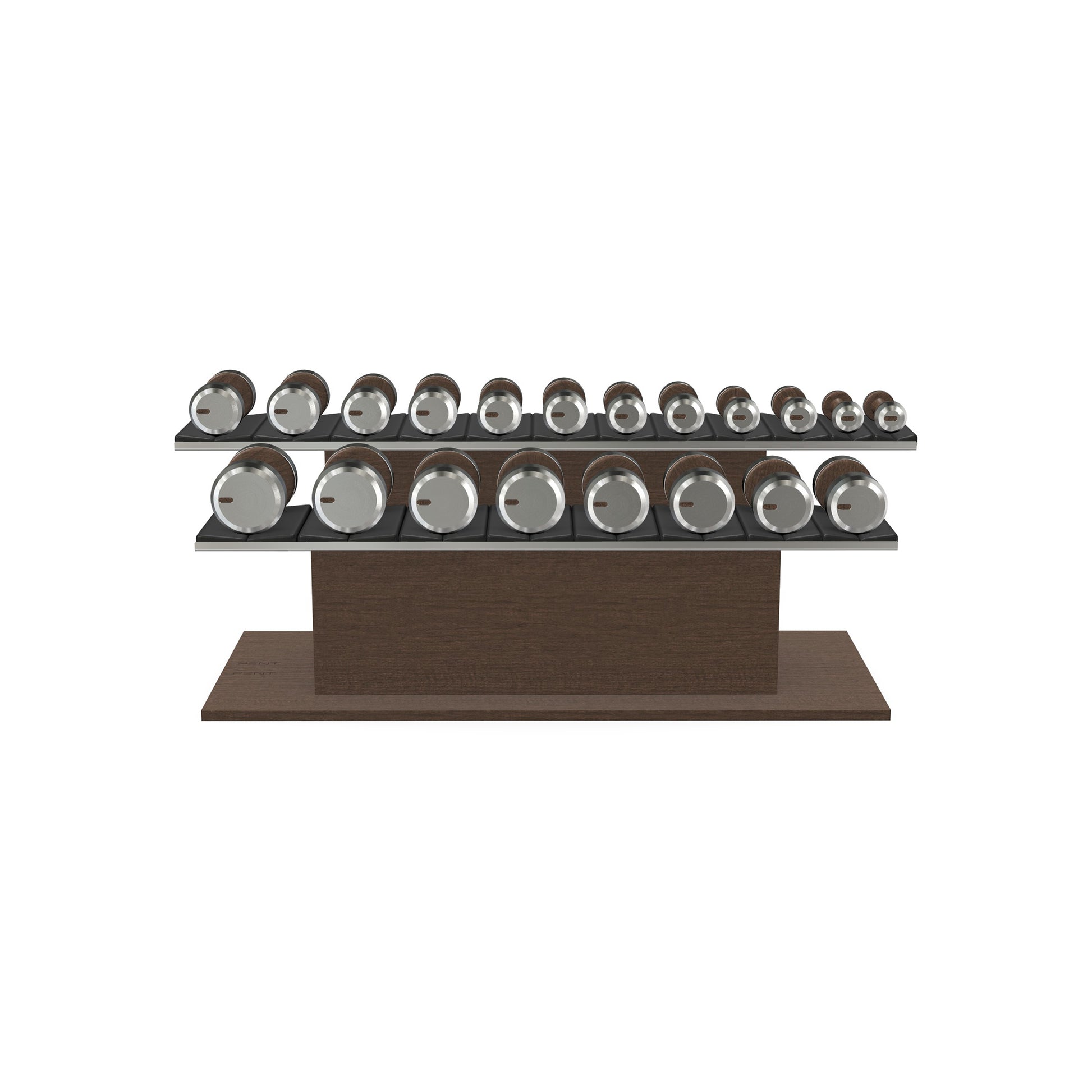 Luxury gym equipment, 10 pair of dumbbells on horizontal wooden stand, made with stainless steel, Italian black leather and dark walnut wood.