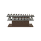 Luxury gym equipment, 10 pair of dumbbells on horizontal wooden stand, made with stainless steel, Italian black leather and dark walnut wood.