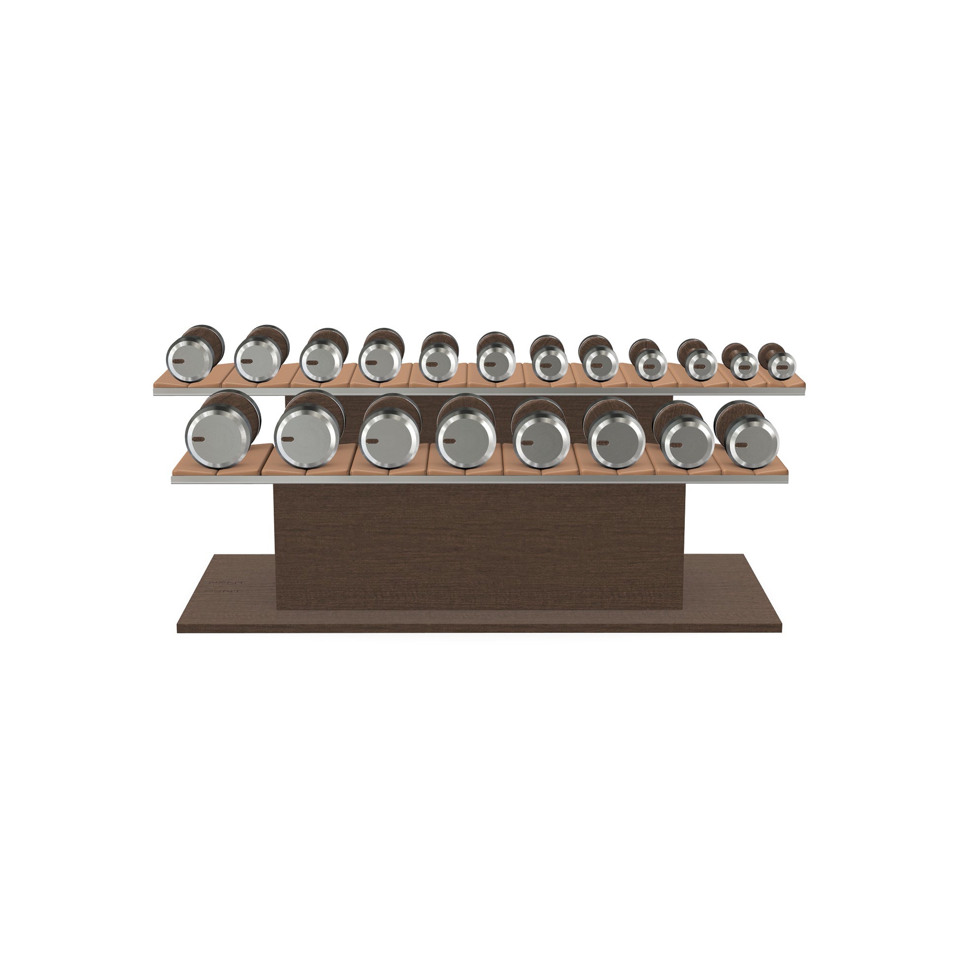 Luxury gym equipment, 10 pair of dumbbells on horizontal wooden stand, made with stainless steel, Italian brown leather and dark walnut wood.
