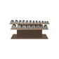 Luxury gym equipment, 10 pair of dumbbells on horizontal wooden stand, made with stainless steel, Italian brown leather and dark walnut wood.