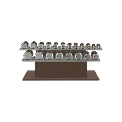 Luxury gym equipment, 10 pair of dumbbells on horizontal wooden stand, made with stainless steel, Italian grey leather and dark walnut wood.