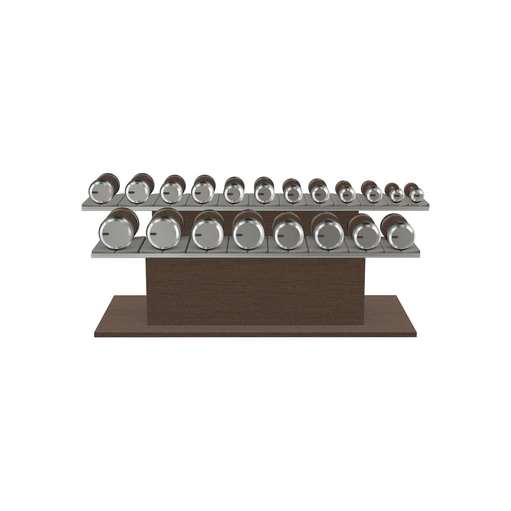 Luxury gym equipment, 10 pair of dumbbells on horizontal wooden stand, made with stainless steel, Italian grey leather and dark walnut wood.