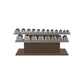 Luxury gym equipment, 10 pair of dumbbells on horizontal wooden stand, made with stainless steel, Italian grey leather and dark walnut wood.