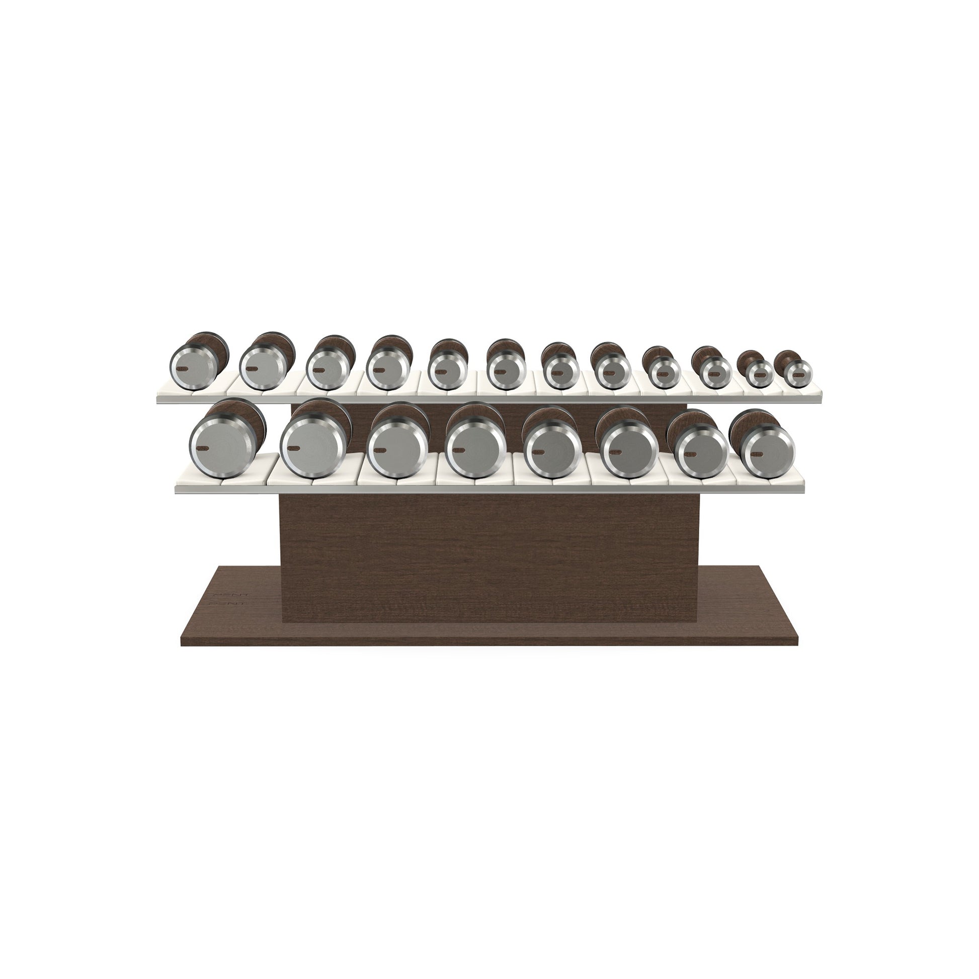 Luxury gym equipment, 10 pair of dumbbells on horizontal wooden stand, made with stainless steel, Italian white leather and dark walnut wood.