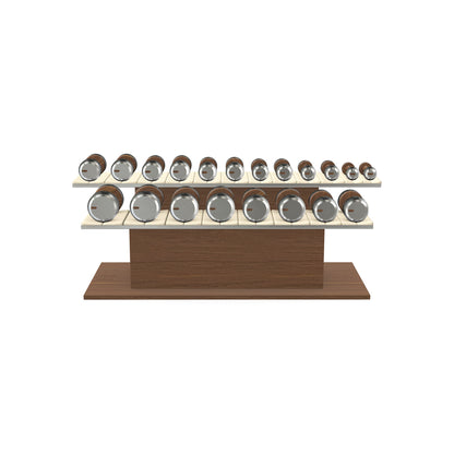 Luxury gym equipment, 10 pair of dumbbells on horizontal wooden stand, made with stainless steel, Italian beige leather and natural walnut wood.