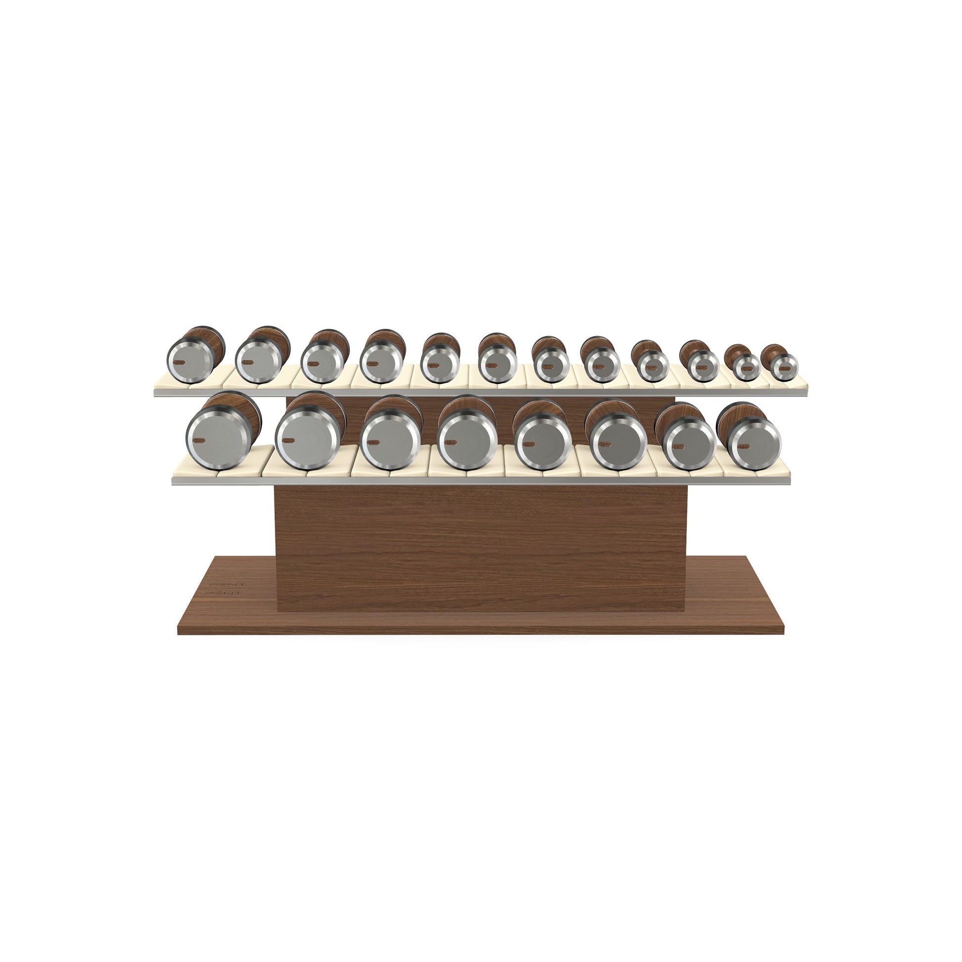 Luxury gym equipment, 10 pair of dumbbells on horizontal wooden stand, made with stainless steel, Italian beige leather and natural walnut wood.