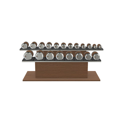 Luxury gym equipment, 10 pair of dumbbells on horizontal wooden stand, made with stainless steel, Italian black leather and natural walnut wood.