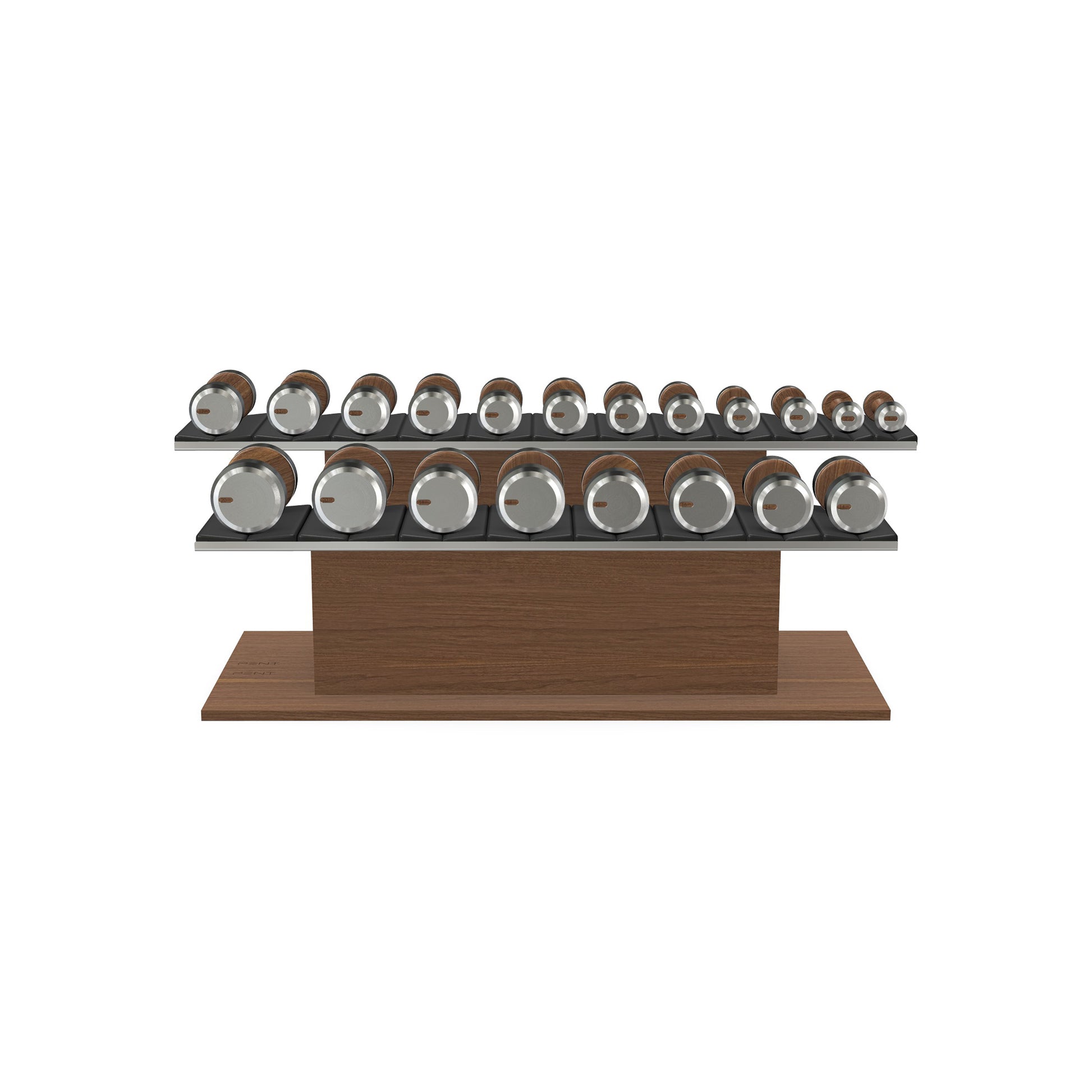 Luxury gym equipment, 10 pair of dumbbells on horizontal wooden stand, made with stainless steel, Italian black leather and natural walnut wood.