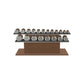 Luxury gym equipment, 10 pair of dumbbells on horizontal wooden stand, made with stainless steel, Italian black leather and natural walnut wood.