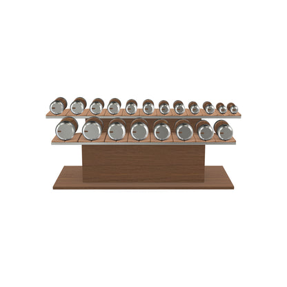 Luxury gym equipment, 10 pair of dumbbells on horizontal wooden stand, made with stainless steel, Italian brown leather and natural walnut wood.