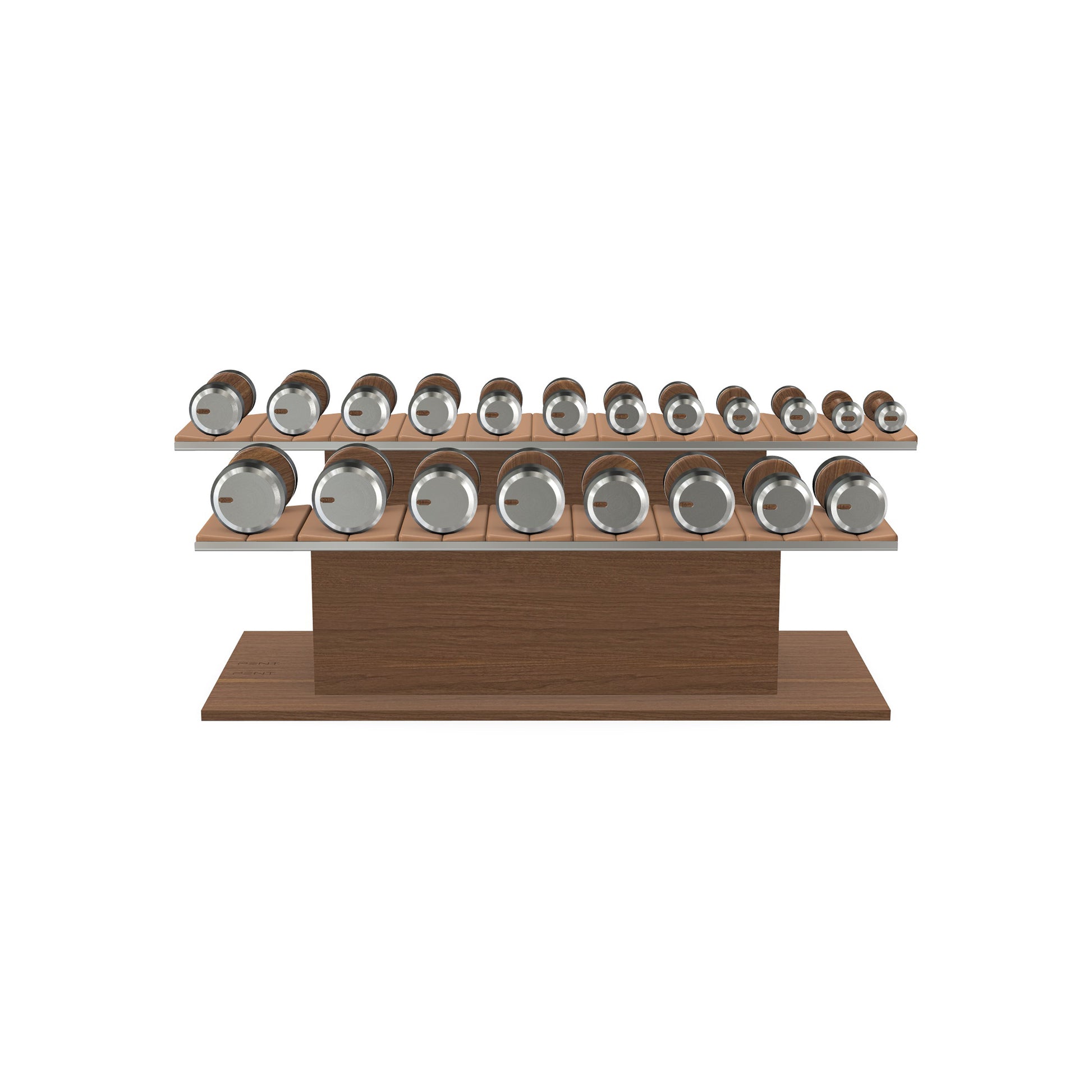 Luxury gym equipment, 10 pair of dumbbells on horizontal wooden stand, made with stainless steel, Italian brown leather and natural walnut wood.
