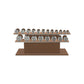 Luxury gym equipment, 10 pair of dumbbells on horizontal wooden stand, made with stainless steel, Italian brown leather and natural walnut wood.