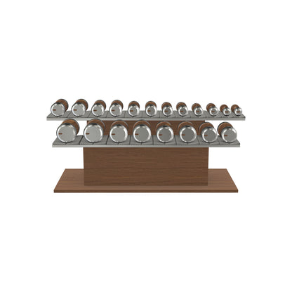 Luxury gym equipment, 10 pair of dumbbells on horizontal wooden stand, made with stainless steel, Italian grey leather and natural walnut wood.