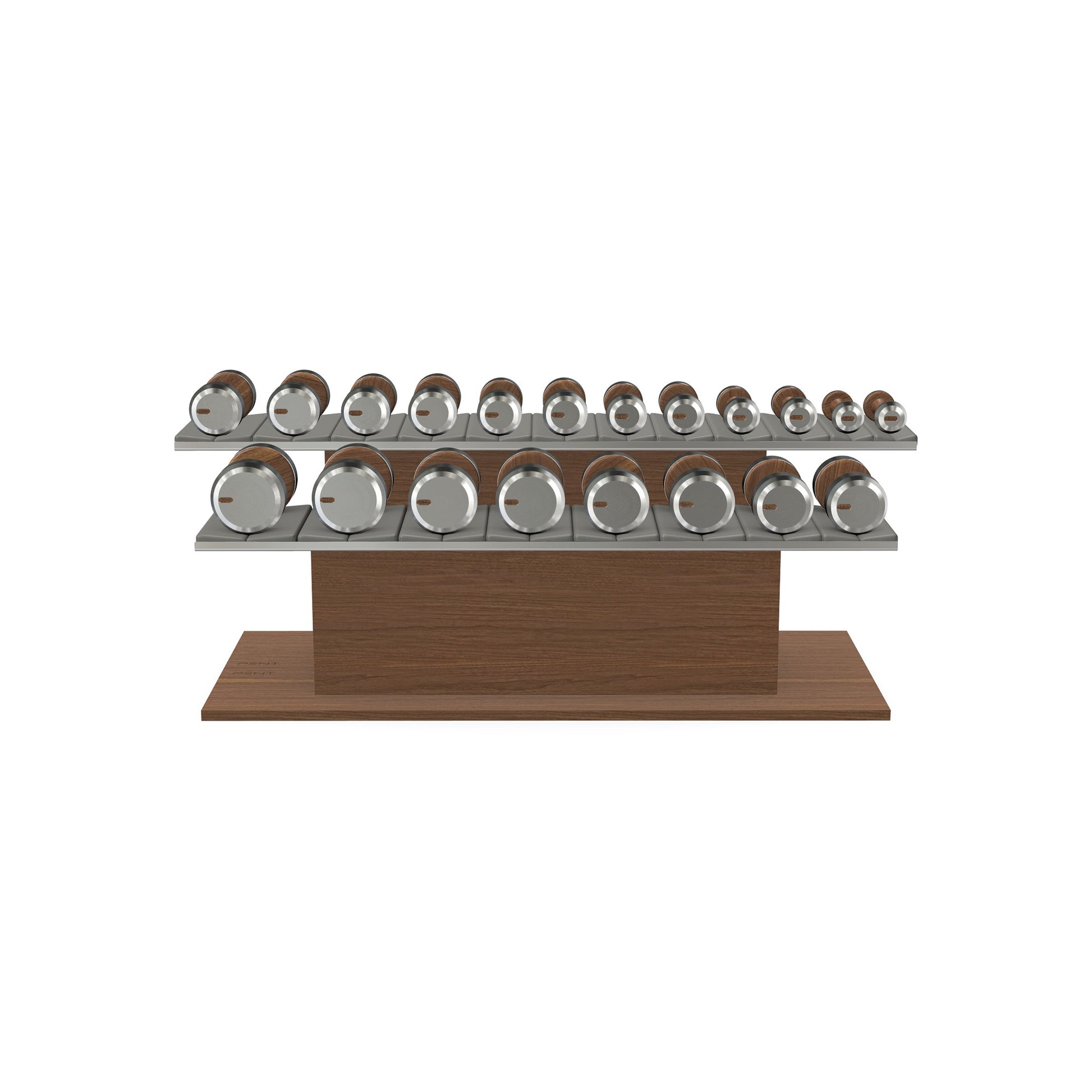 Luxury gym equipment, 10 pair of dumbbells on horizontal wooden stand, made with stainless steel, Italian grey leather and natural walnut wood.