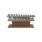 Luxury gym equipment, 10 pair of dumbbells on horizontal wooden stand, made with stainless steel, Italian grey leather and natural walnut wood.