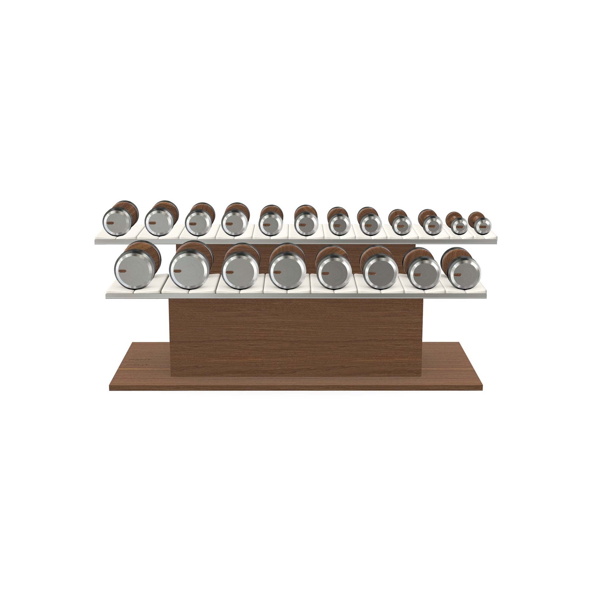 Luxury gym equipment, 10 pair of dumbbells on horizontal wooden stand, made with stainless steel, Italian white leather and natural walnut wood.