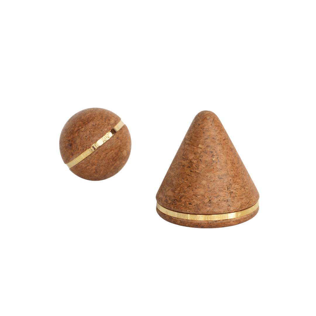 Cork ball and cone with gold bands on a white background
