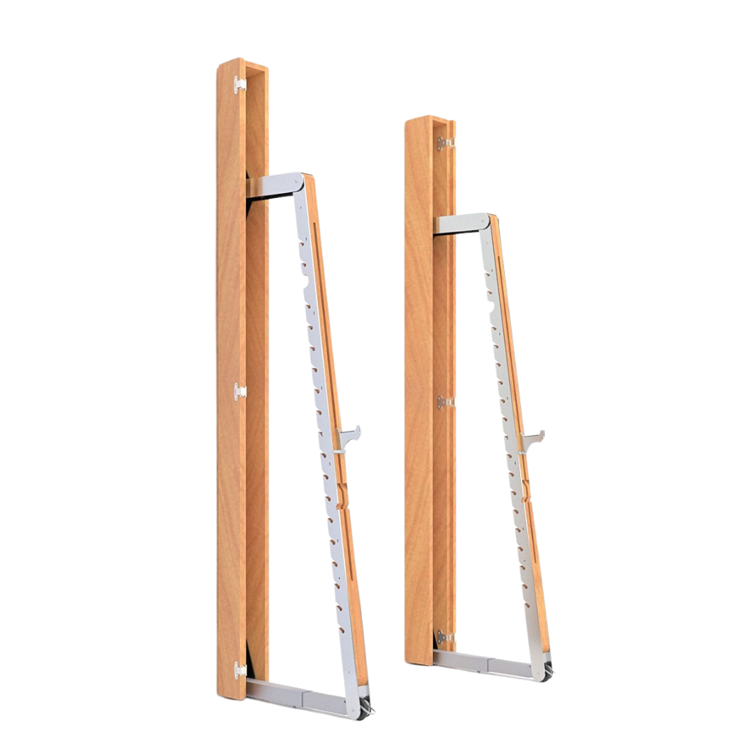 A luxurious squat rack made with solid cherry wood and stainless steel, perfect for a large range of activities. NOHRD Squat Rack