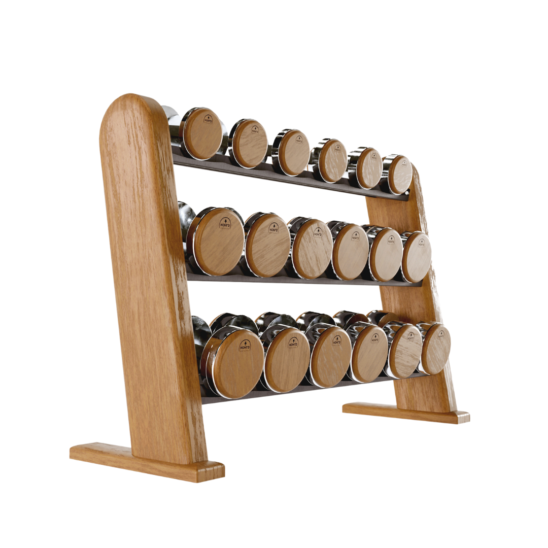 A premium cherry wooden rack displaying dumbbell made with wood and stainless steel, organized neatly on multiple shelves for easy access. NOHRD DumbBells Set