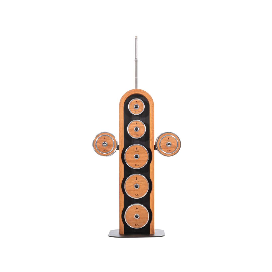  Luxury wooden & stainless steel weight plate set with barbell and dumbbell plates on a sleek vertical cherry wooden rack. Premium gym equipment for strength training. NOHRD Weight Plates - Barbell & Dumbbells Tower
