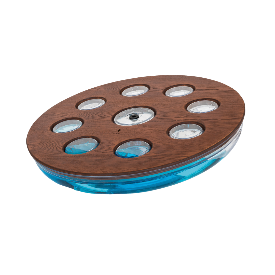 A balance board with natural club wood materials that incorporates a water-filled tank, for core stability training. NOHRD Eau-Me Board