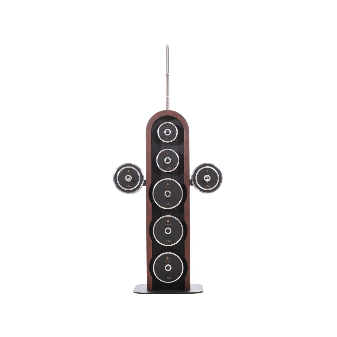  Luxury wooden & stainless steel weight plate set with barbell and dumbbell plates on a sleek vertical club wooden rack. Premium gym equipment for strength training. NOHRD Weight Plates - Barbell & Dumbbells Tower
