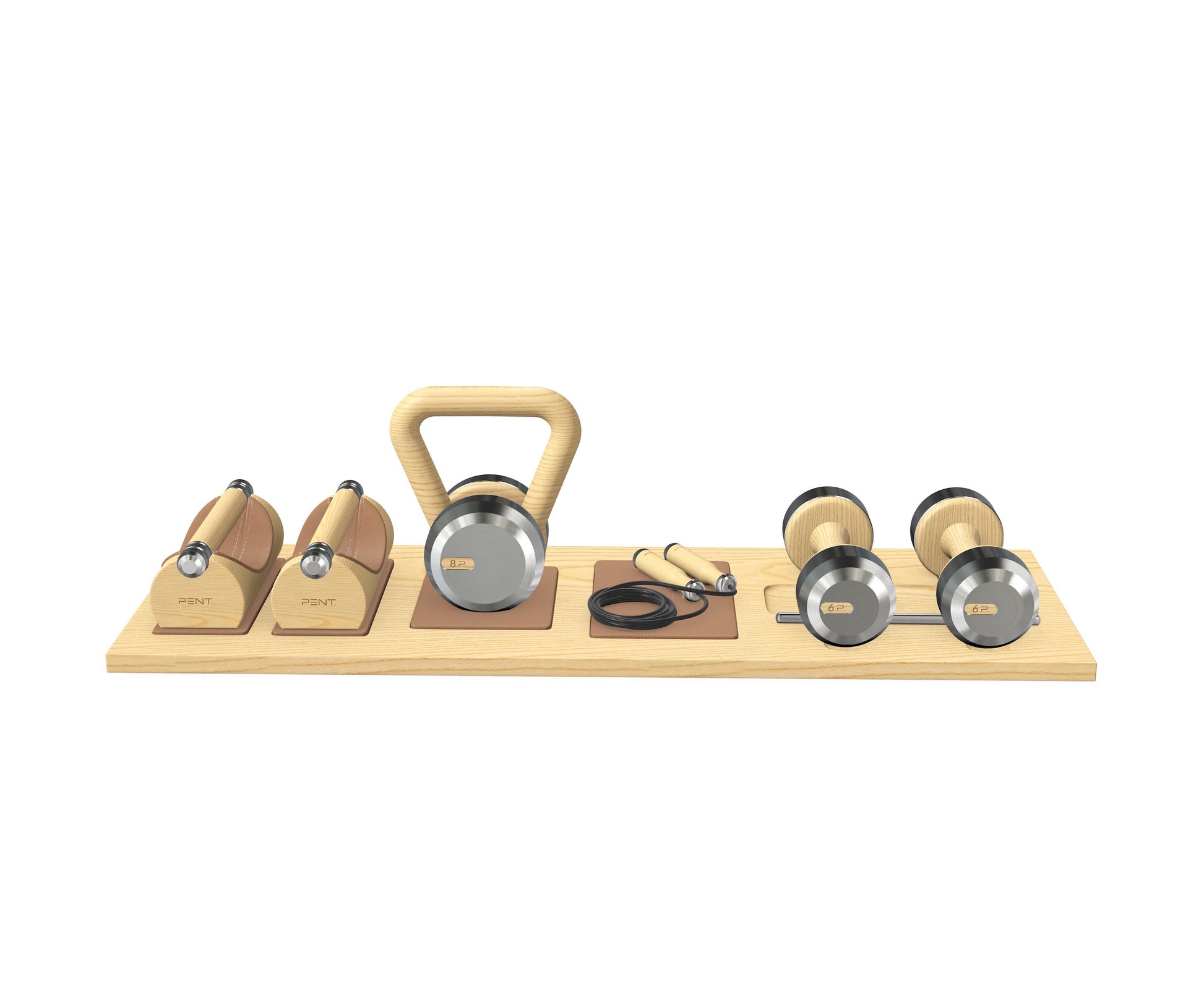 Luxury gym equipment set with push-up bars, a kettlebell, set of dumbbells, and a jumping rope on a premium wood stand. With wood materials in natural ash and stainless steel. PENT. DEHA - Set of Fitness Equipment