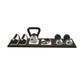Luxury gym equipment set with push-up bars, a kettlebell, set of dumbbells, and a jumping rope on a premium wood stand. With wood materials in black ash and stainless steel. PENT. DEHA - Set of Fitness Equipment