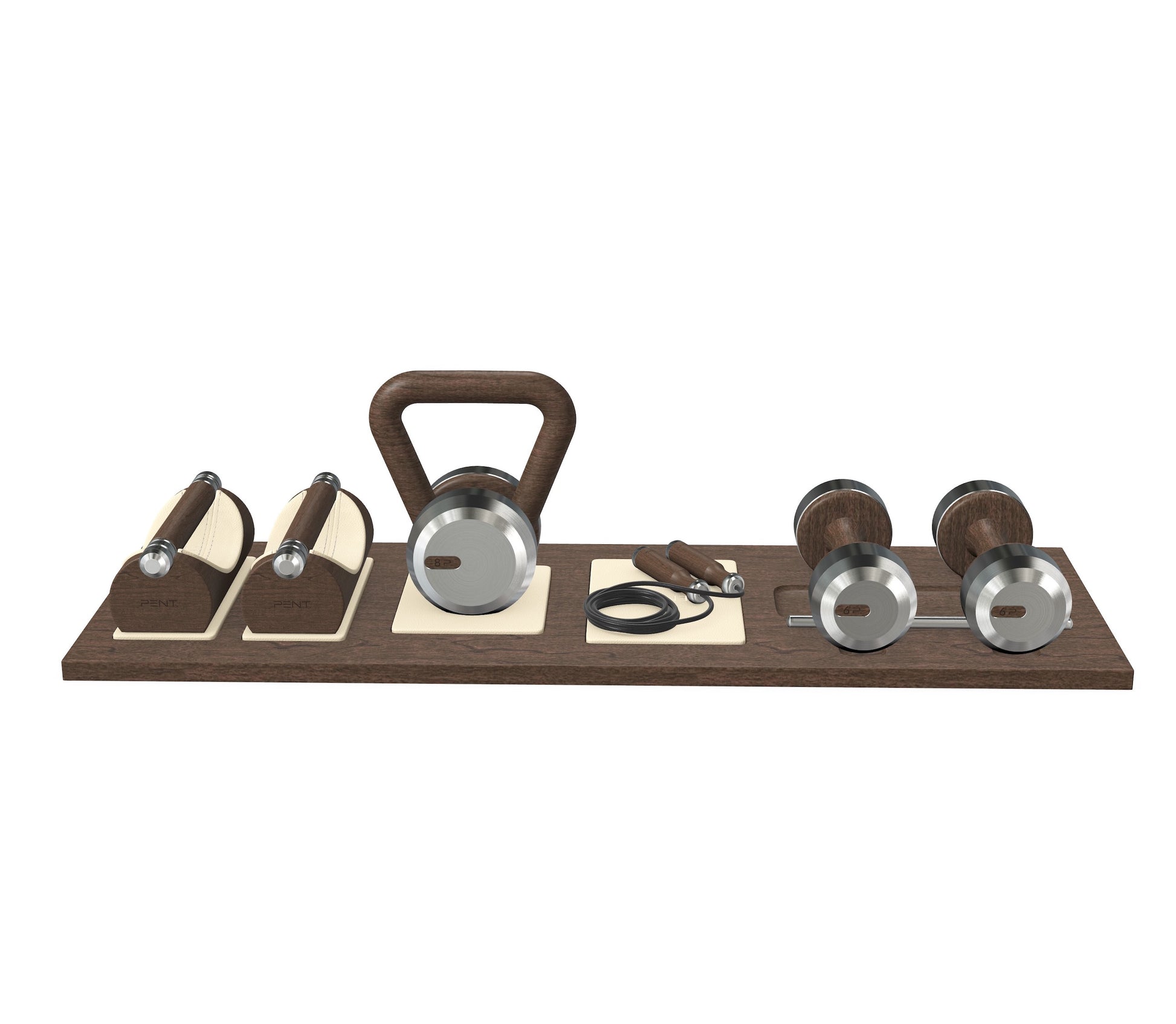 Luxury gym equipment set with push-up bars, a kettlebell, set of dumbbells, and a jumping rope on a premium wood stand. With wood materials in dark walnut and stainless steel. PENT. DEHA - Set of Fitness Equipment