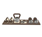 Luxury gym equipment set with push-up bars, a kettlebell, set of dumbbells, and a jumping rope on a premium wood stand. With wood materials in dark walnut and stainless steel. PENT. DEHA - Set of Fitness Equipment